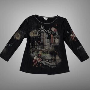Christopher & Banks Black Graphic Long Sleeve Tee